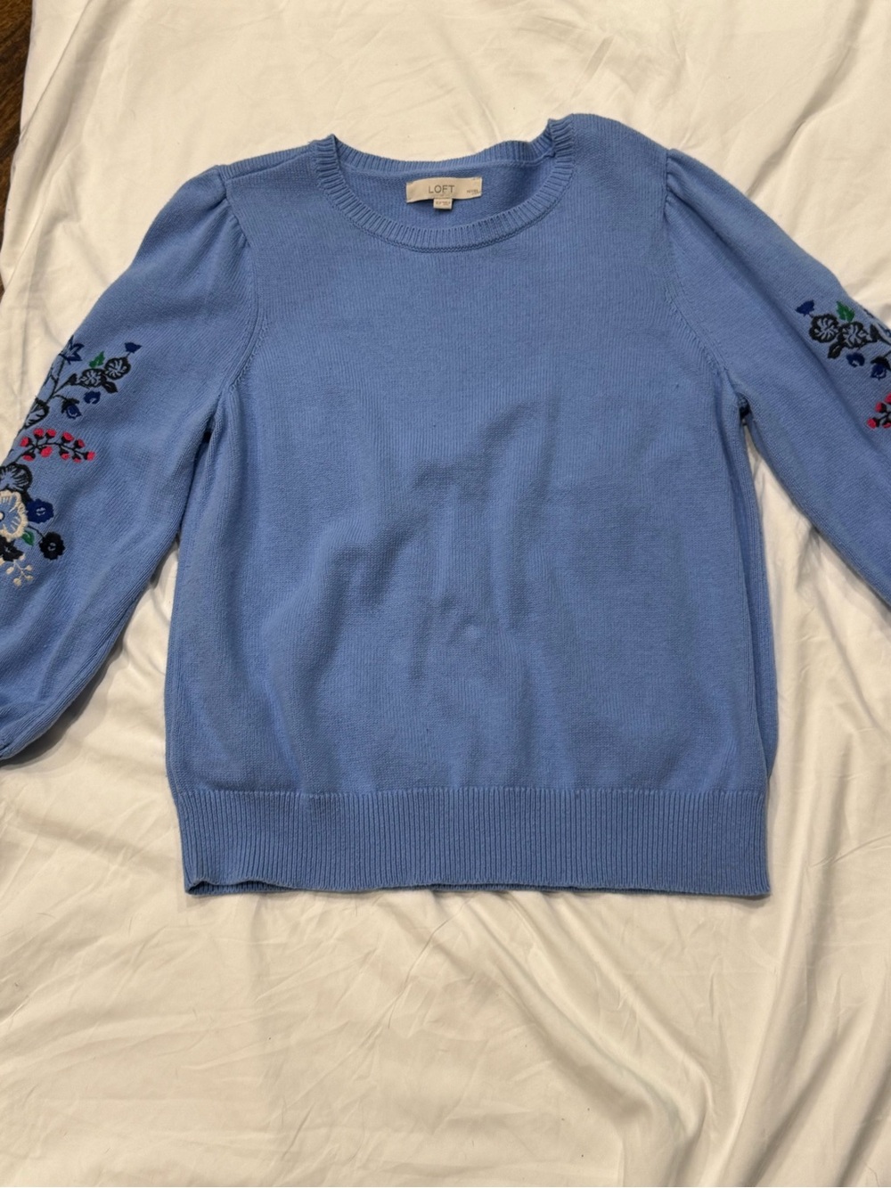LOFT Blue Embroidered-Sleeve Crewneck Sweater